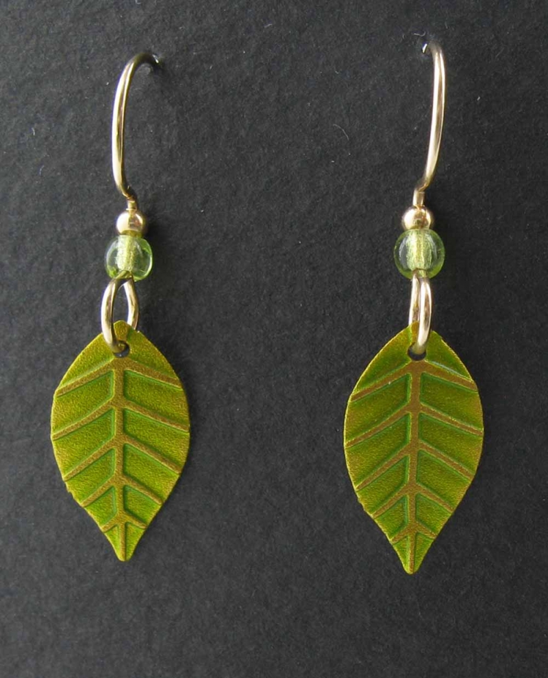 Leaf with peridot bead earrings
