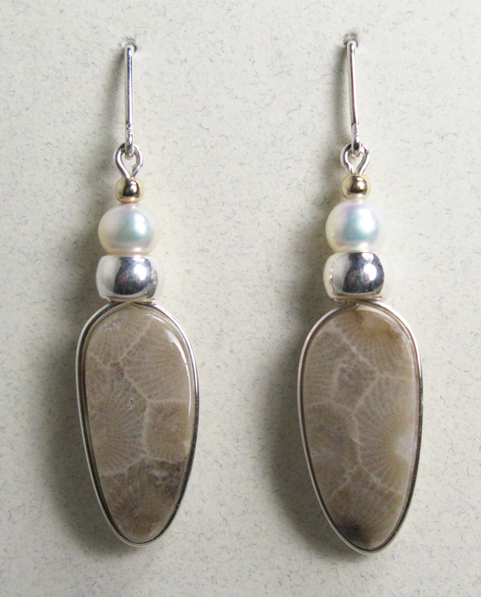 Petoskey Stone Earrings - Sterling and Pearls