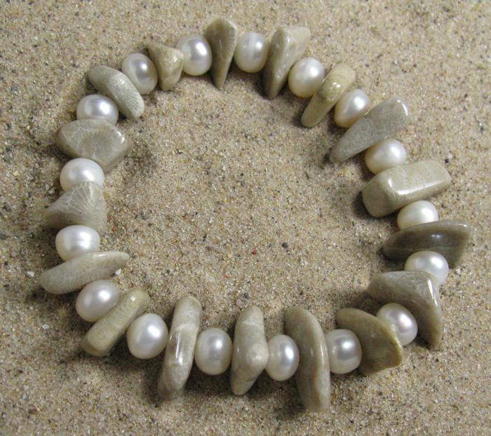 Petoskey and Freshwater Pearl Stretchy Bracelet