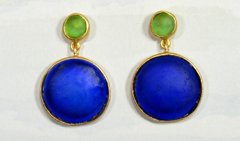 Round Cast Glass Post Earrings in Peridot-Cobalt