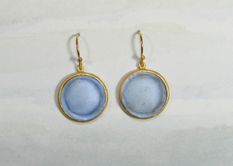 Round Cast Glass Drop Earrings in Blue