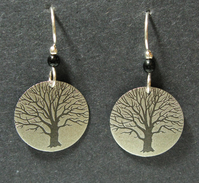Silver Tree Earrings with Black Bead