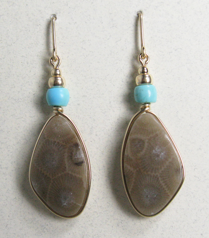 Petoskey Stones Earrings with Turquoise in Gold