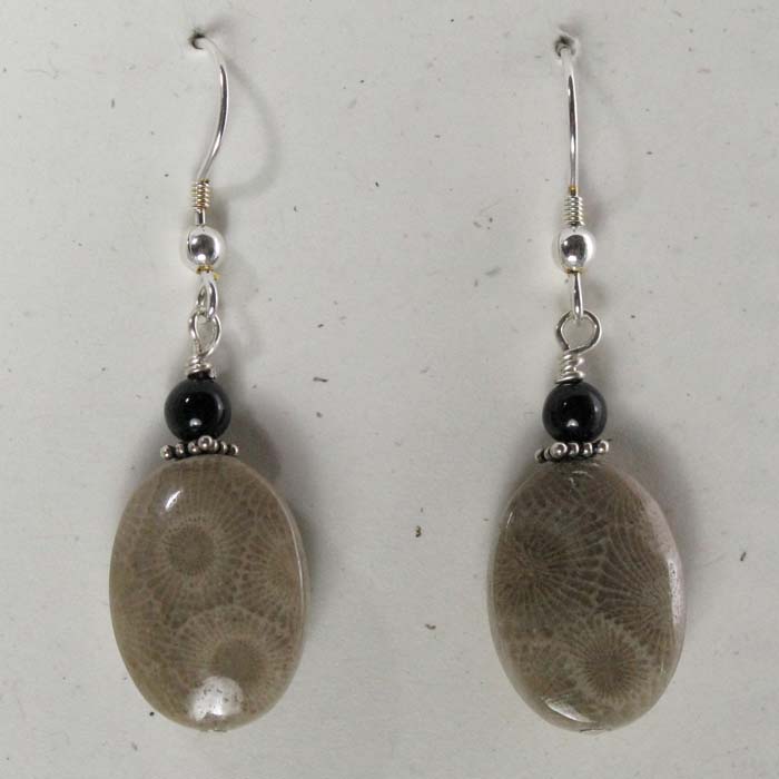 Large Oval Petoskey Stone Earrings with Bead